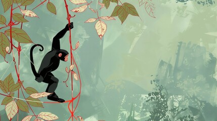 Playful monkey swinging amidst lush jungle foliage in a charming illustration