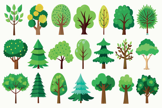 A variety of stylized trees representing different species and seasons