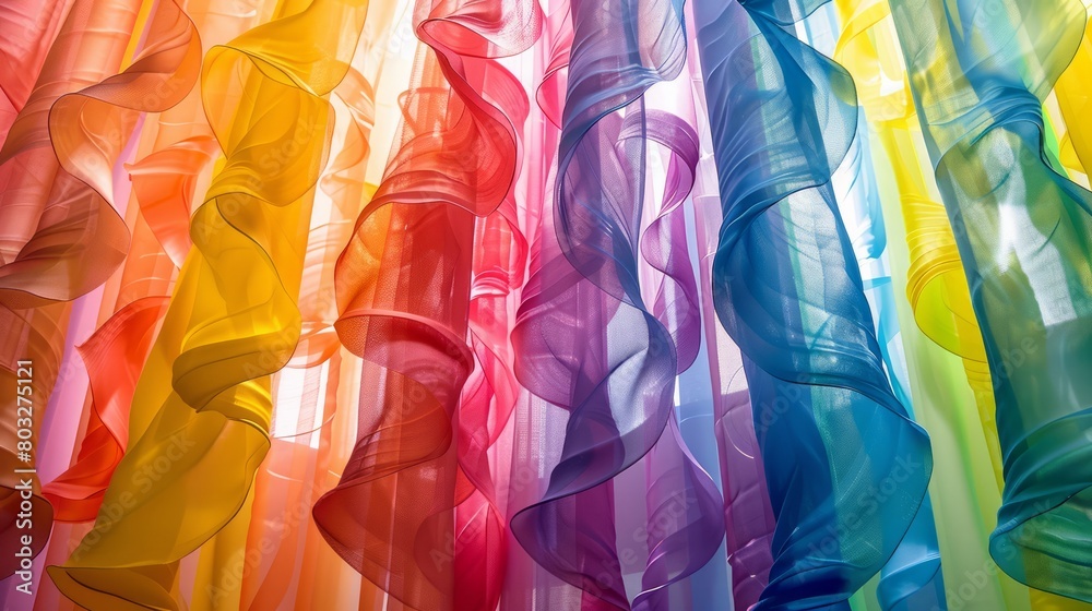 Aufkleber a colorful fabric with a rainbow pattern is hanging from the ceiling. the colors are bright and vibr