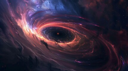 Dramatic illustration of a supermassive black hole engulfing a galaxy amid cosmic fires