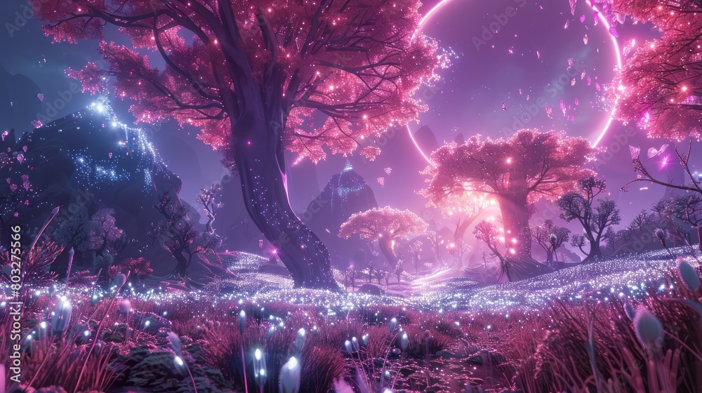 Poster a forest with pink trees and a glowing orb in the sky