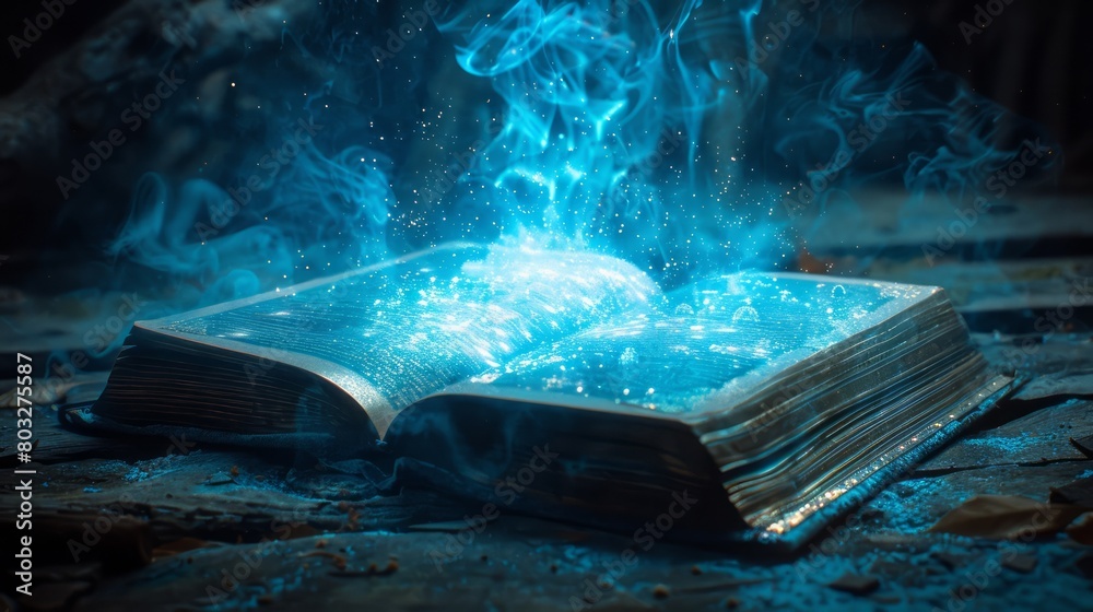 Poster book is opened on a table with a blue glow surrounding