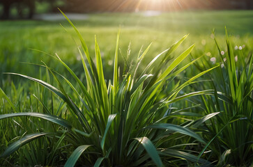 The morning sun shines on the green lawn, The backyard for the background, the meadow grass, The design concept for background. generative ai