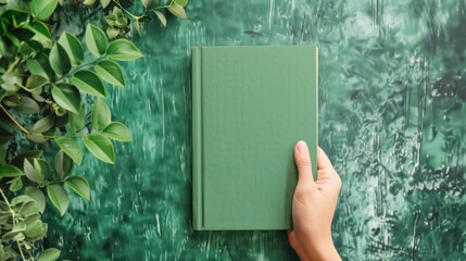 Top view hands holding book with blank cover on green background. AI generated image