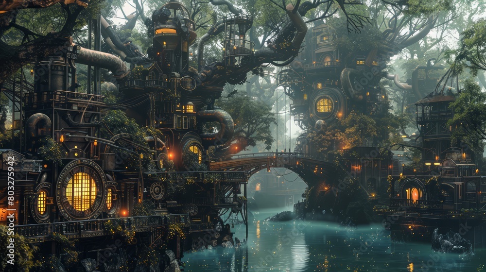 Poster a fantasy world with a river running through it and houses on either side. the houses are made of wo