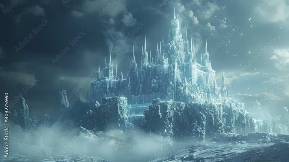 Poster a castle made of ice and snow with a cloudy sky in the background. the castle is tall and majestic, 