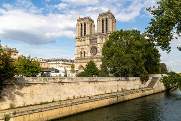 Notre-Dame cathedral from the Seine river in the beautiful french city of Paris. France