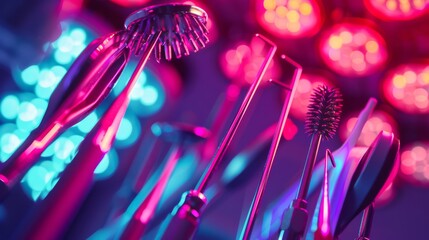 Vibrant abstract of dermatology tools under colorful lighting