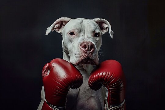 Studio portrait of a pitbull dog with boxing gloves on black background