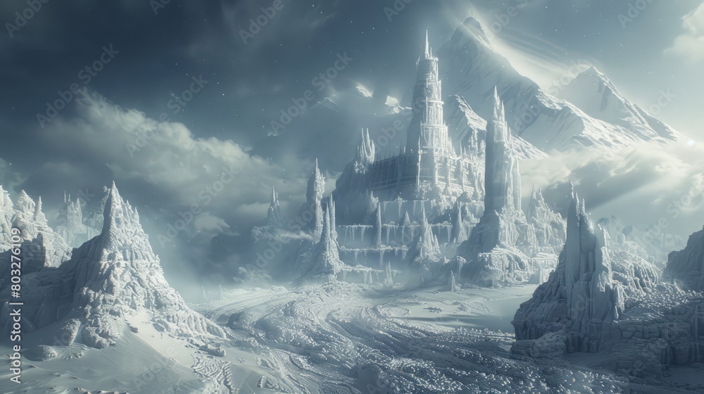 Poster a snowy landscape with a castle in the distance. the castle is surrounded by mountains and the sky i
