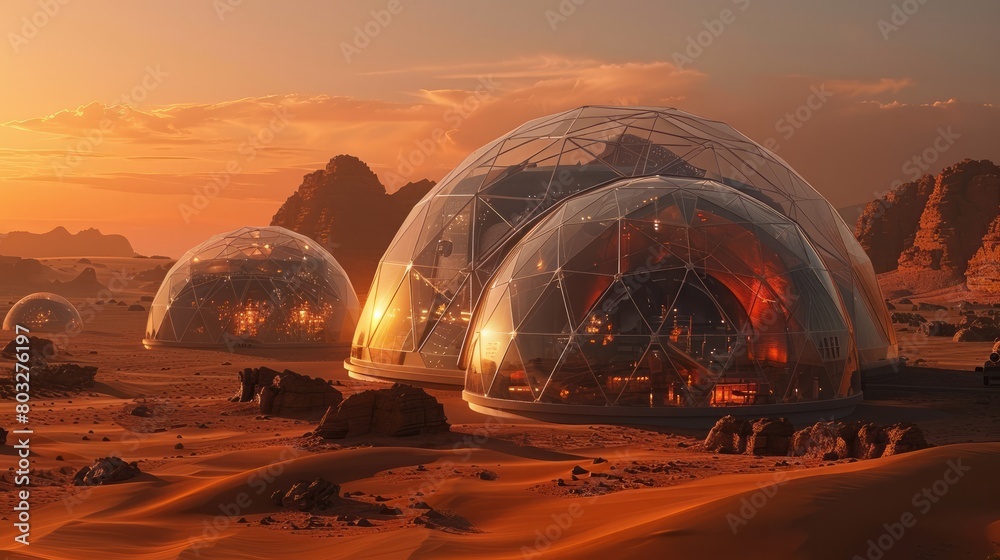 Poster a desert scene with three domes in the foreground. the domes are made of glass and are lit up. the s