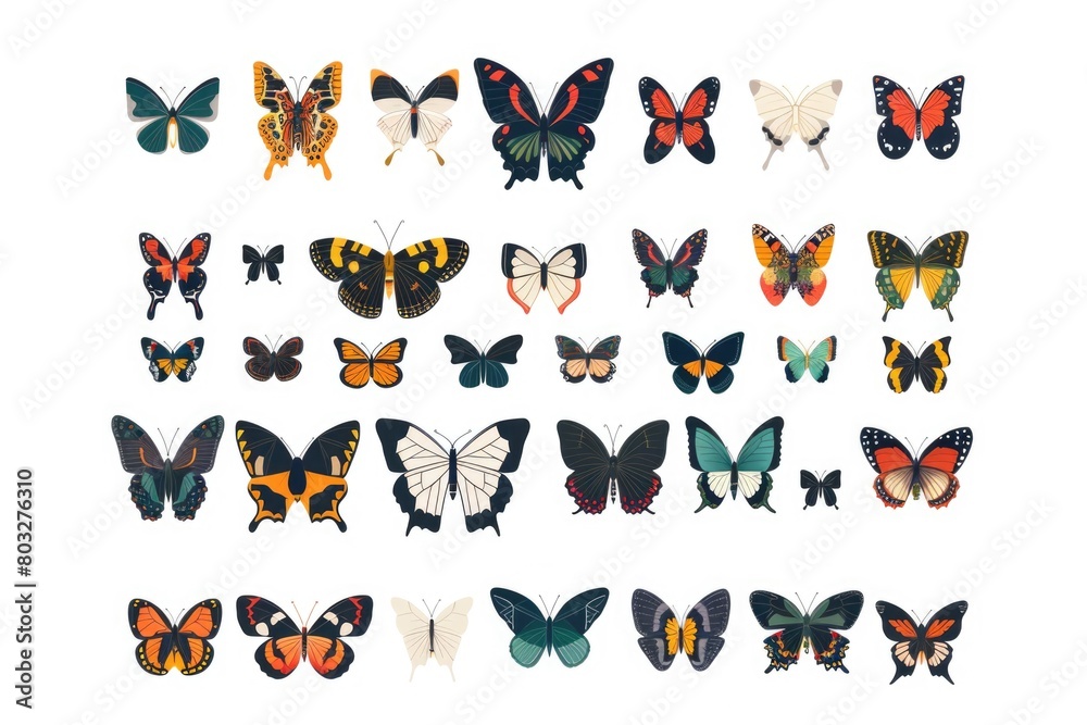 Poster a group of various colored butterflies resting on a white background. ideal for nature or spring-the