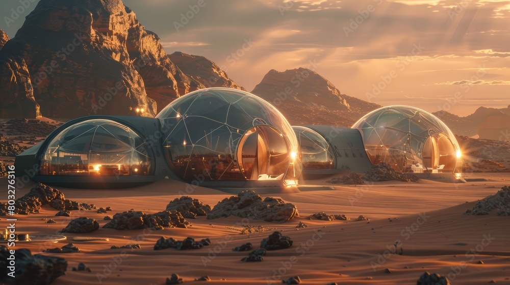 Poster a desert landscape with three domes in the foreground. the domes are made of glass and are illuminat