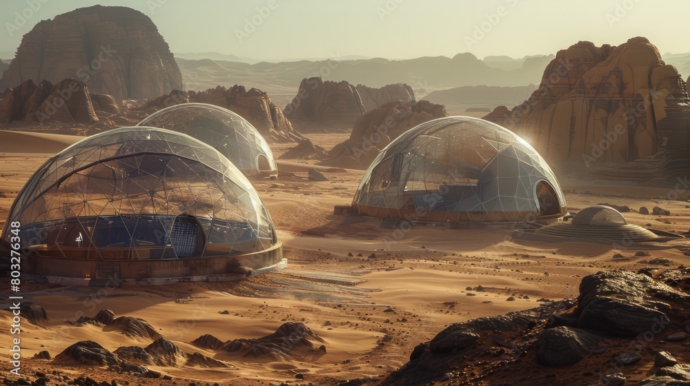 Poster A desert scene with three domes in the middle of the desert. The domes are made of glass and are surrounded by rocks. Scene is calm and peaceful, as the domes are isolated from the rest of the world