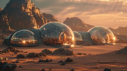 A desert landscape with three domes in the foreground. The domes are made of glass and are illuminated by the sun. The scene is peaceful and serene, with the sun setting in the background - Powered by Adobe