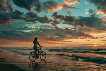 Summer sunset view of woman bike along the beach coast
