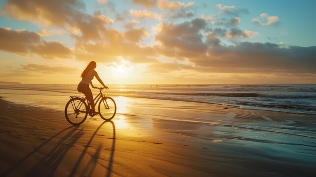 Summer sunset view of woman bike along the beach coast
- Powered by Adobe