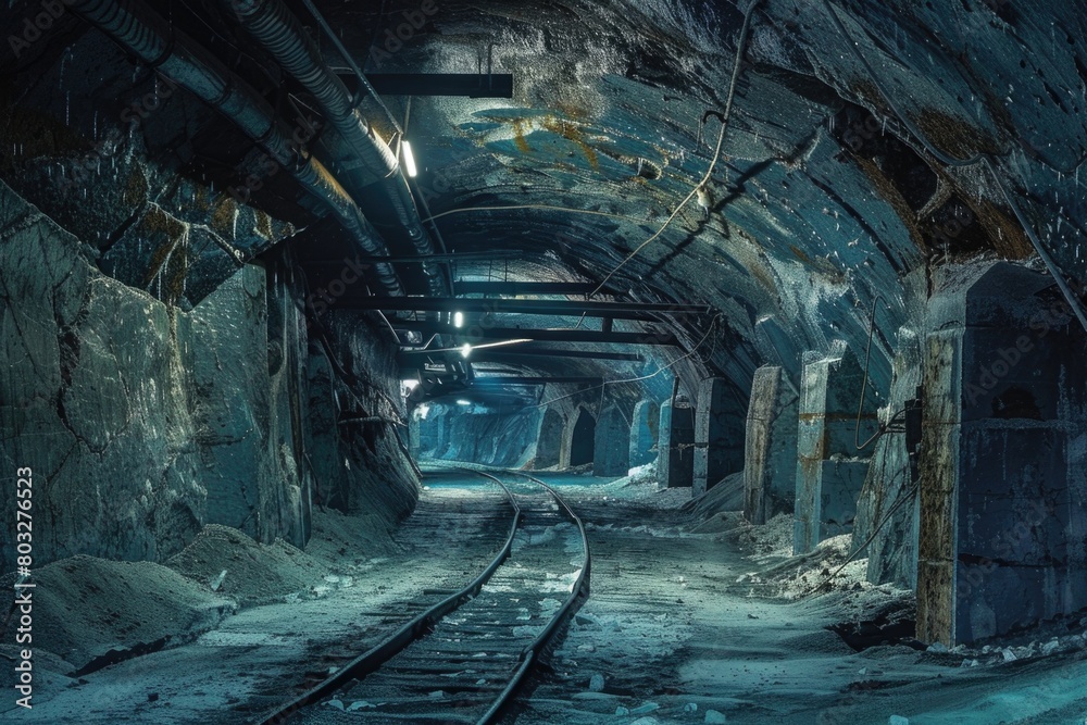 Poster a train moving through a dark tunnel. suitable for transportation concepts