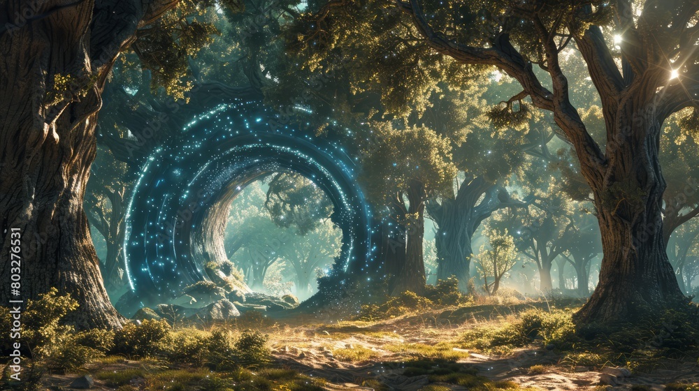 Poster a forest with a large, glowing, spiral-shaped tunnel. the tunnel is surrounded by trees and the sky 
