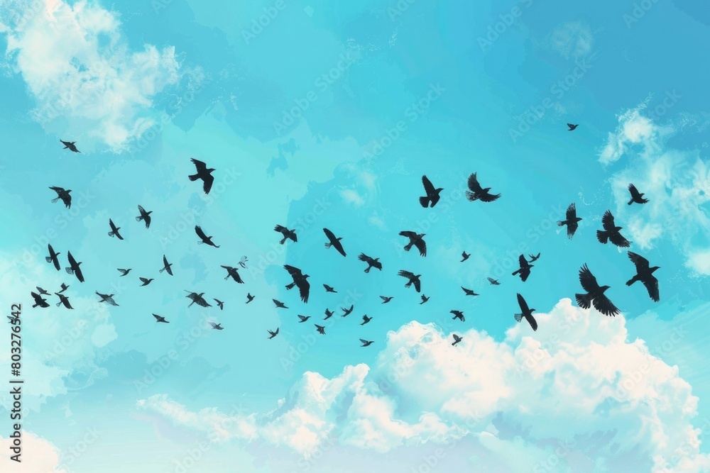Poster a flock of birds soaring through the sky. ideal for nature and freedom concepts