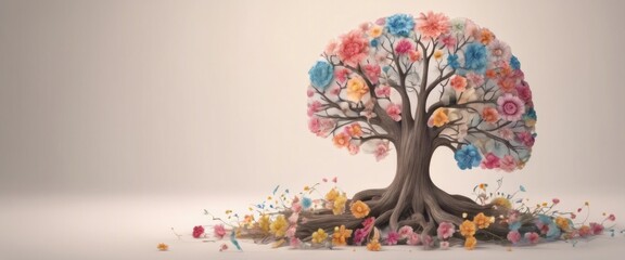 whimsically abstract artistic tree with its branches adorned by a vibrant array of blooming flowers, creating a lively and colorful visual.