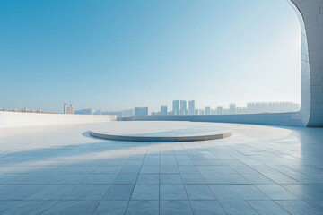 Fototapeta premium Concrete outdoor square building, The modern urban skyline is in the background.