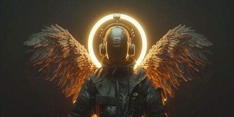 A man with wings sprouting from his back and a glowing halo hovering over his head
