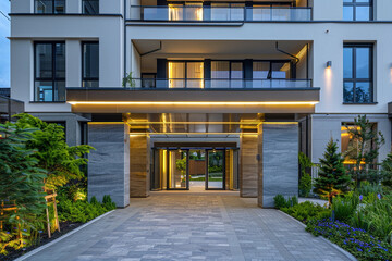 The entrance to a modern European building blends traditional and contemporary styles, its pathway beautifully landscaped.