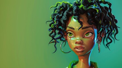 Illustration girl caricature character with curly hair on green background. AI generated image