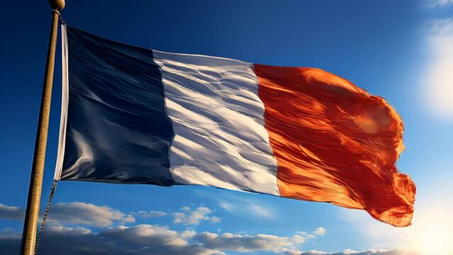 France flag waving on blue sky background, close up. flag symbols of France. Summer Olympic games capital