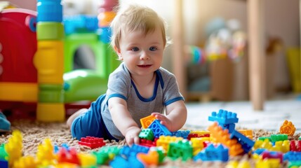 Portrait a happy lovely toddler playing plastic blocks in home. AI generated image