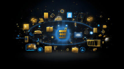 E commerce Technology Concept with Blue and Yellow Online Shopping Icons Indicating E commerce Platforms on Black Background