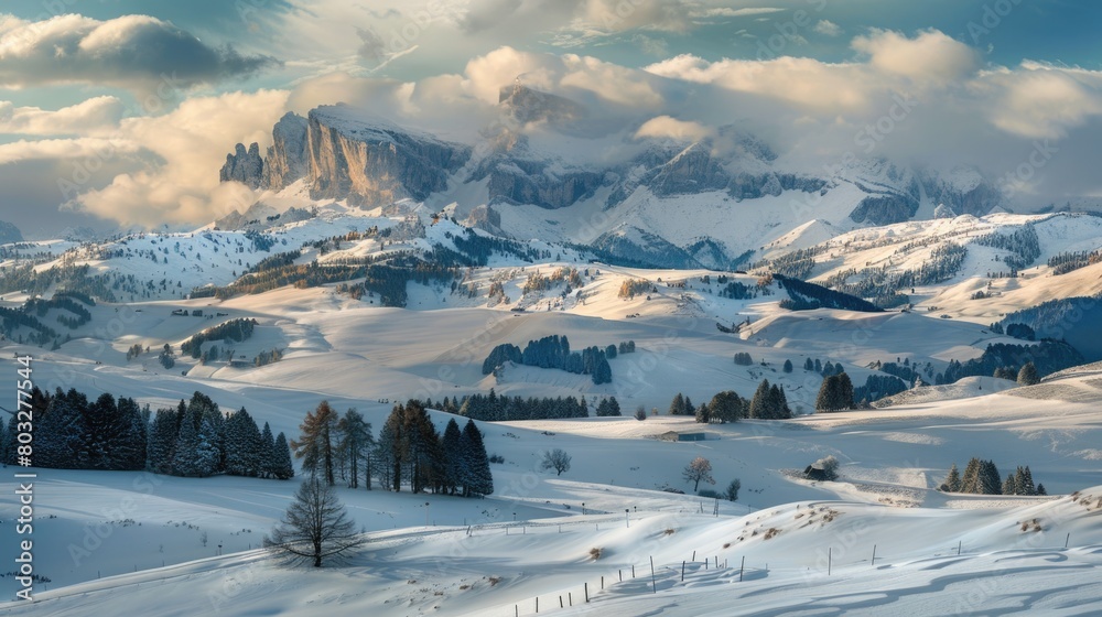 Poster a picturesque view of a snow-covered mountain range with a few trees. suitable for travel and nature