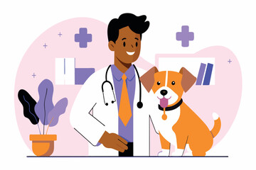 Smiling vet with stethoscope examining friendly dog