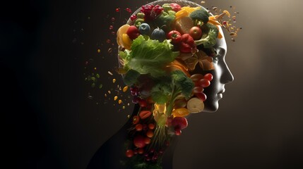 A human head made of fresh vegetables on a black background. Healthy food concept.