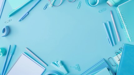 Top view assorted office or school stationery on blue background. AI generated image