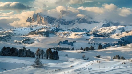 A picturesque view of a snow-covered mountain range with a few trees. Suitable for travel and nature themes