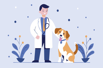 A vet with a stethoscope beside a cheerful dog, indoors