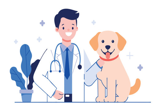 A vet in a lab coat stands by a content dog at a clinic