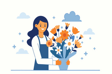 A joyous woman prepares a floral arrangement