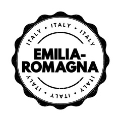 Emilia-Romagna is a region in northern Italy, extending from the Apennine Mountains to the Po River in the north, text concept stamp © dizain