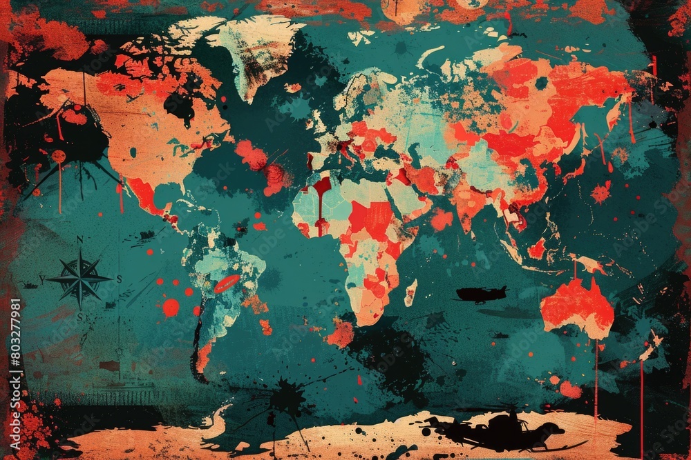 Poster A map of the world on a textured grunge background, suitable for various design projects
