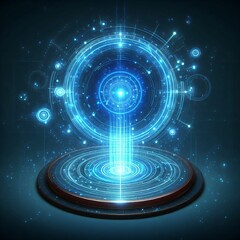 Abstract style against a dark backdrop. Blank display, stage, or podium to showcase product in futuristic cyberpunk design. Technology demonstration. Futuristic circular 3D lab stage with HUD elements