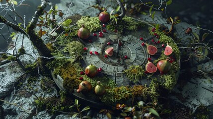 Ancient sundial overgrown with moss amidst fallen berries in a mystical setting - obrazy, fototapety, plakaty