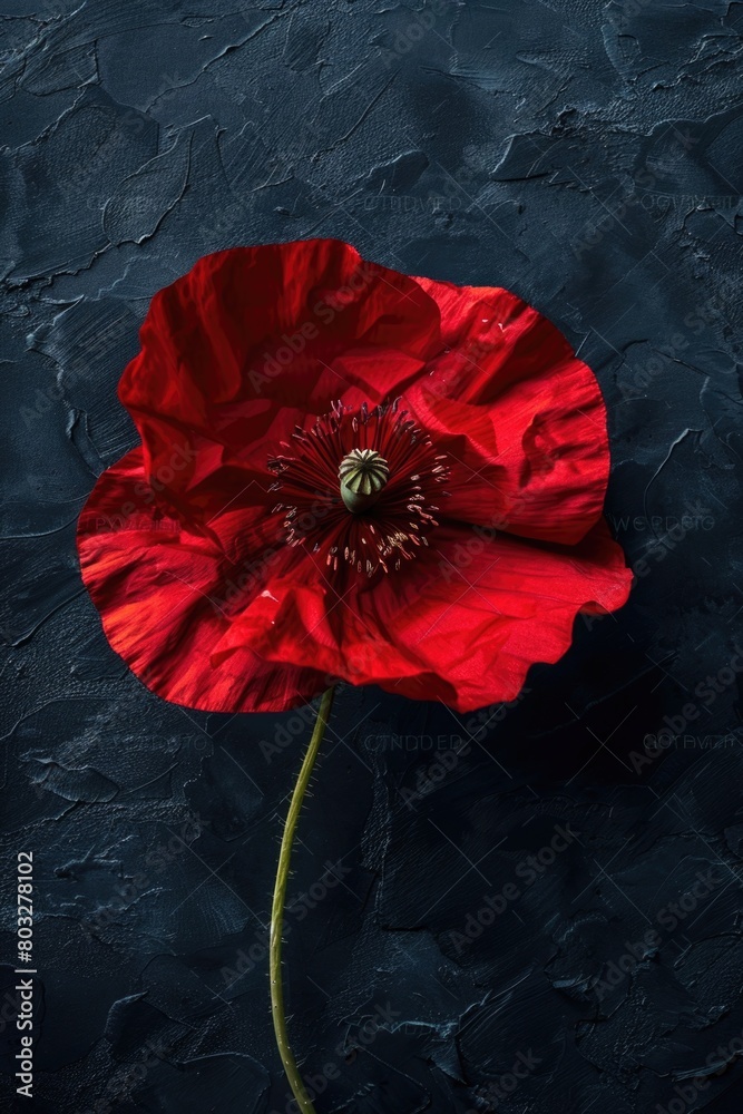 Poster a single red poppy flower on a dark black background. suitable for various design projects