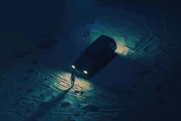 Person standing next to a car in the dark, suitable for automotive or safety concepts