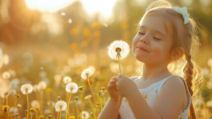 Portrait of a beautiful little girl happily in the park blowing dandelions. AI generated image