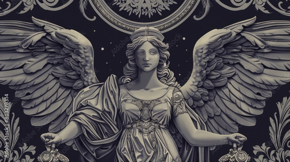 Poster angel statue holding a clock, suitable for time management concepts