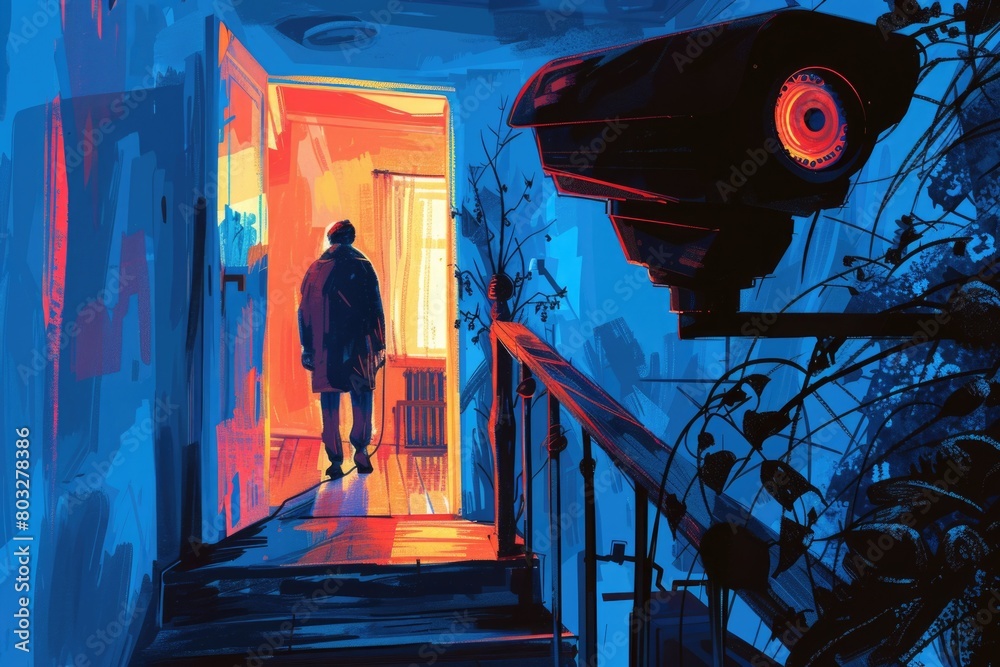 Poster a man walking down a hallway, suitable for various concepts