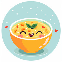A bowl of soup with a smiling face and hearts around it